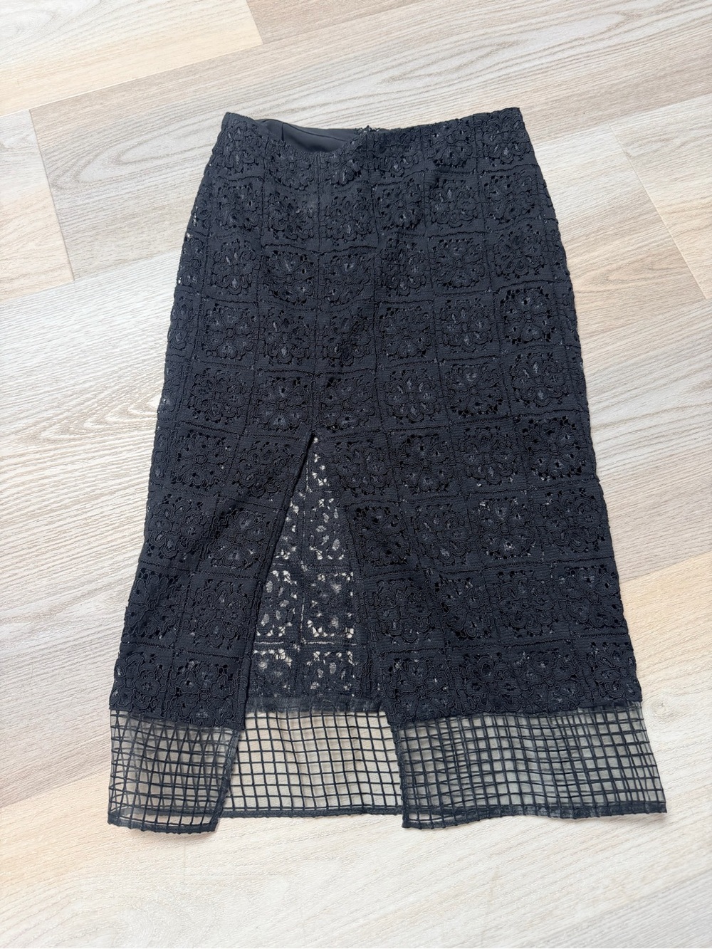Alexis Black Crochet Lace Midi Skirt with Grid Hem